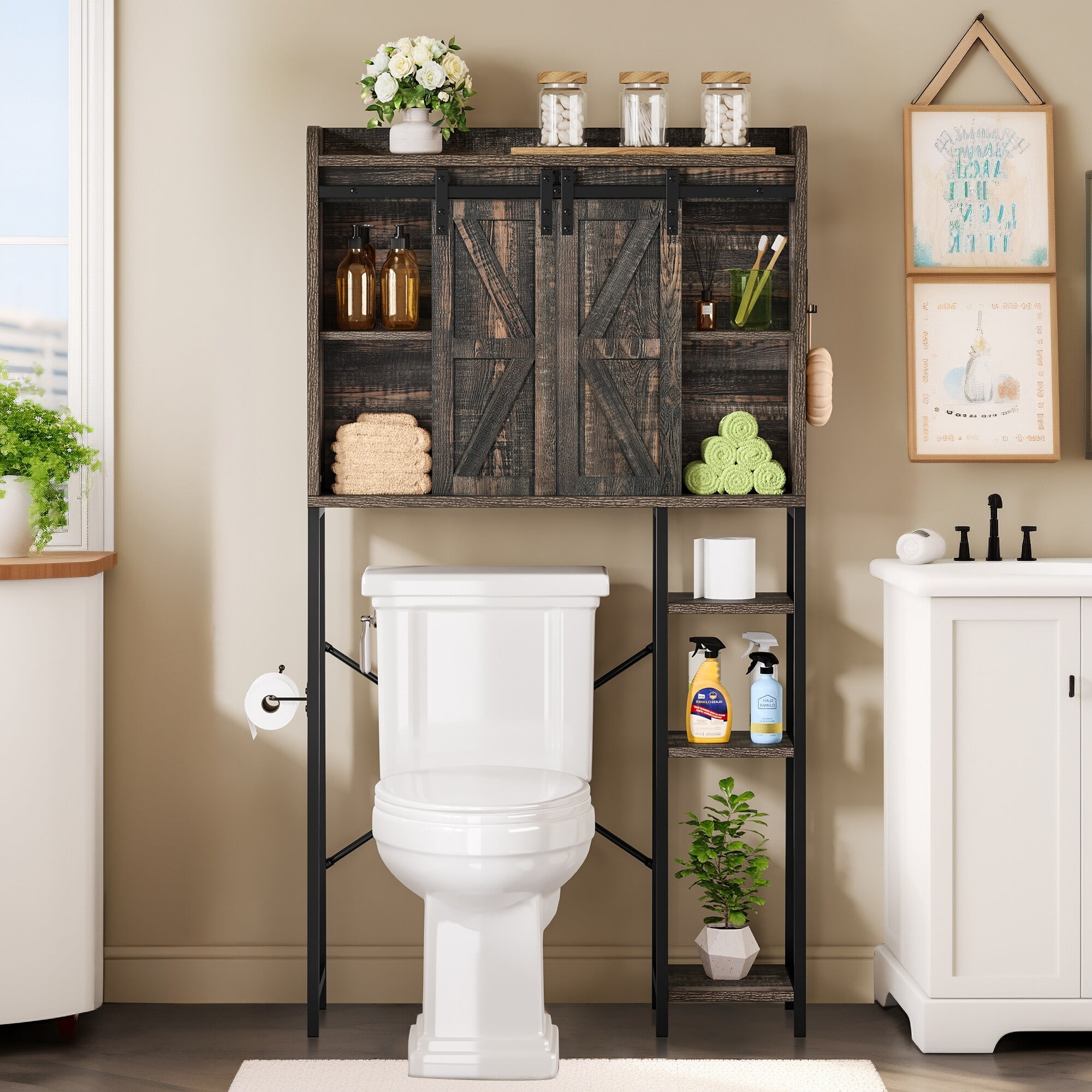 Black and Oak Over-the-Toilet Storage Rack with Sliding Doors