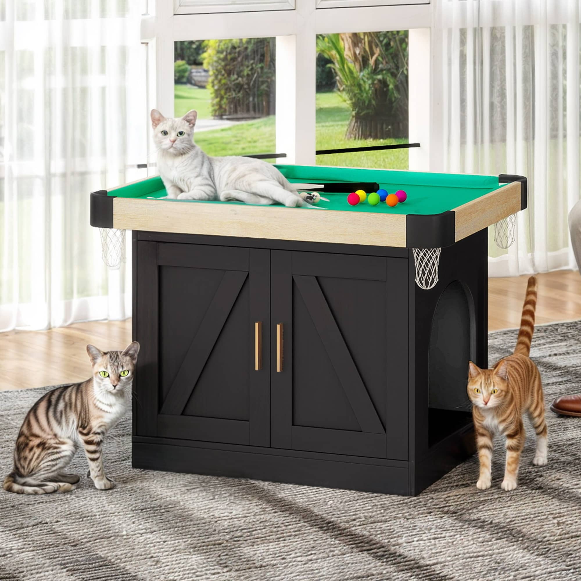 Black Cat Litter Box Enclosure with Pool Table Top
