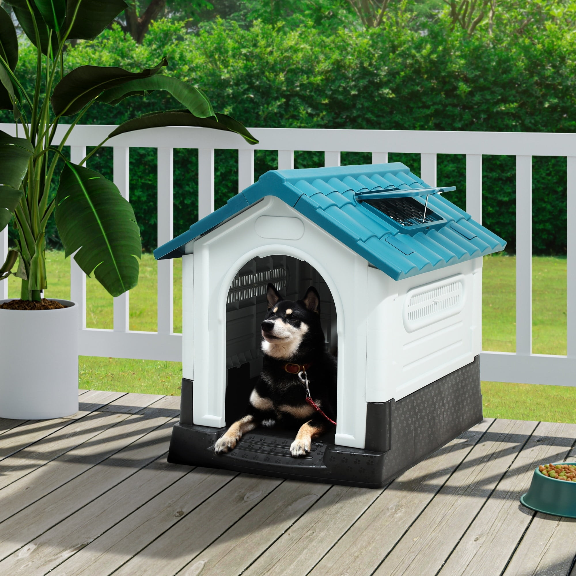 Medium Blue Plastic Slant-Roof Dog House with Skylight