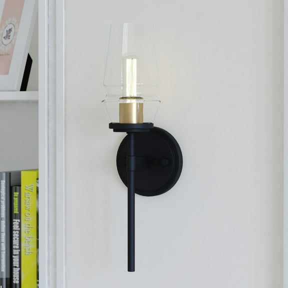 Warren 1 Light Black and Brass Mid Century Modern Bathroom Vanity Wall Sconce Fixture Clear Glass