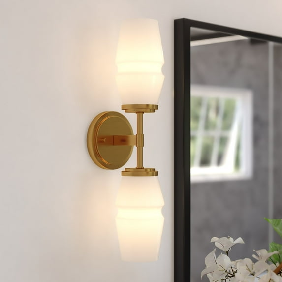 Warren 2-Light 4.75 in. Wide Brushed Brass Mid-Century Modern Wall Sconce with White Frosted Opal Glass Shade, Dimmable, LED Compatible, Metal Bathroom Vanity Lighting Fixture