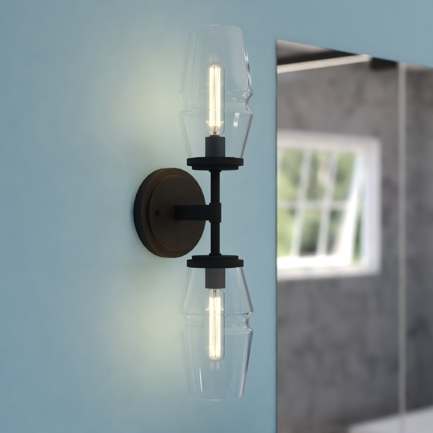 Warren 2-Light 4.75 in. Wide Matte Black Mid-Century Modern Wall Sconce with Clear Glass Shade, Dimmable, LED Compatible, Metal Bathroom Vanity Lighting Fixture, Vertical or Horizontal Mount Bath Bar
