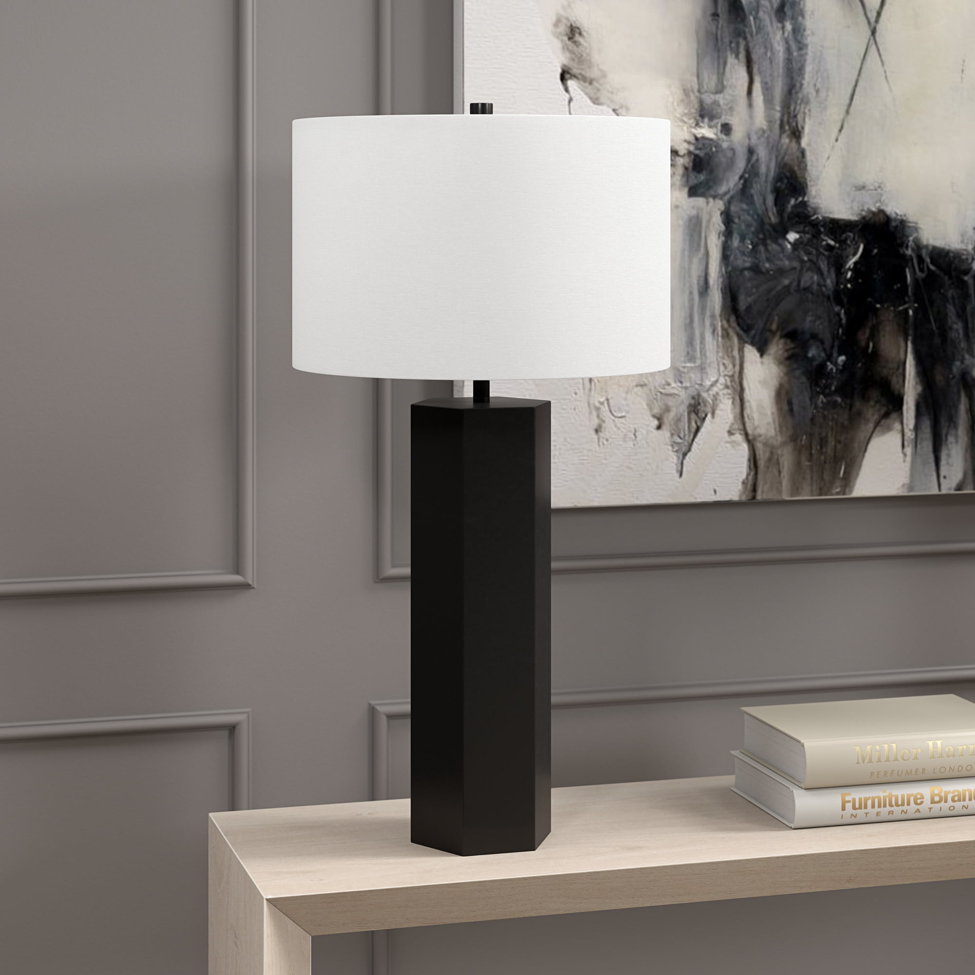 Warren 27.25" Tall Table Lamp with Fabric Shade in Blackened Bronze/White