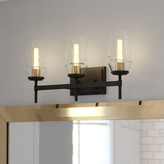 Warren 3 Light Black and Brass Mid Century Modern Bathroom Vanity Wall Fixture Clear Glass
