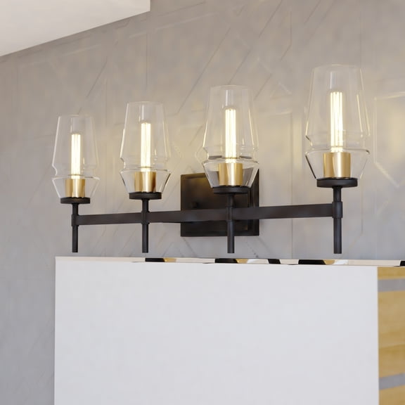 Warren 4 Light Black and Brass Mid Century Modern Bathroom Vanity Wall Fixture Clear Glass