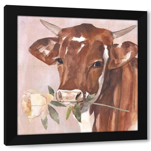 Annie Warren 20x20 Black Modern Wood Framed Wall Art Titled - Peony Cow I
