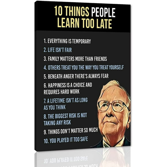 Warren Buffett Quotes Ten Things People Learn Too Late Motivational Framed Office Wall Art Poster and Print Inspirational Home Wall Decoration Pictures Framed Easy to Hang-12"Wx18"H