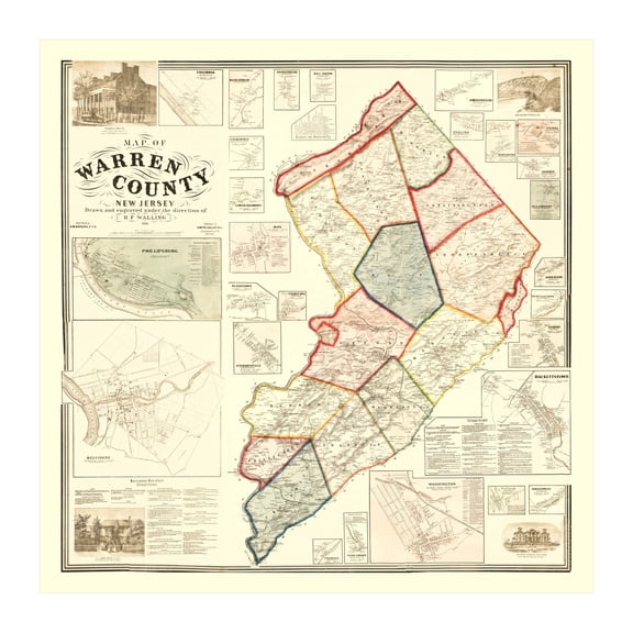 Warren County New Jersey Art, 1860 Vintage Map of Warren County NJ History Wall Decor Gift, Old Warren County NJ Map - 30" x 30" Unframed Print