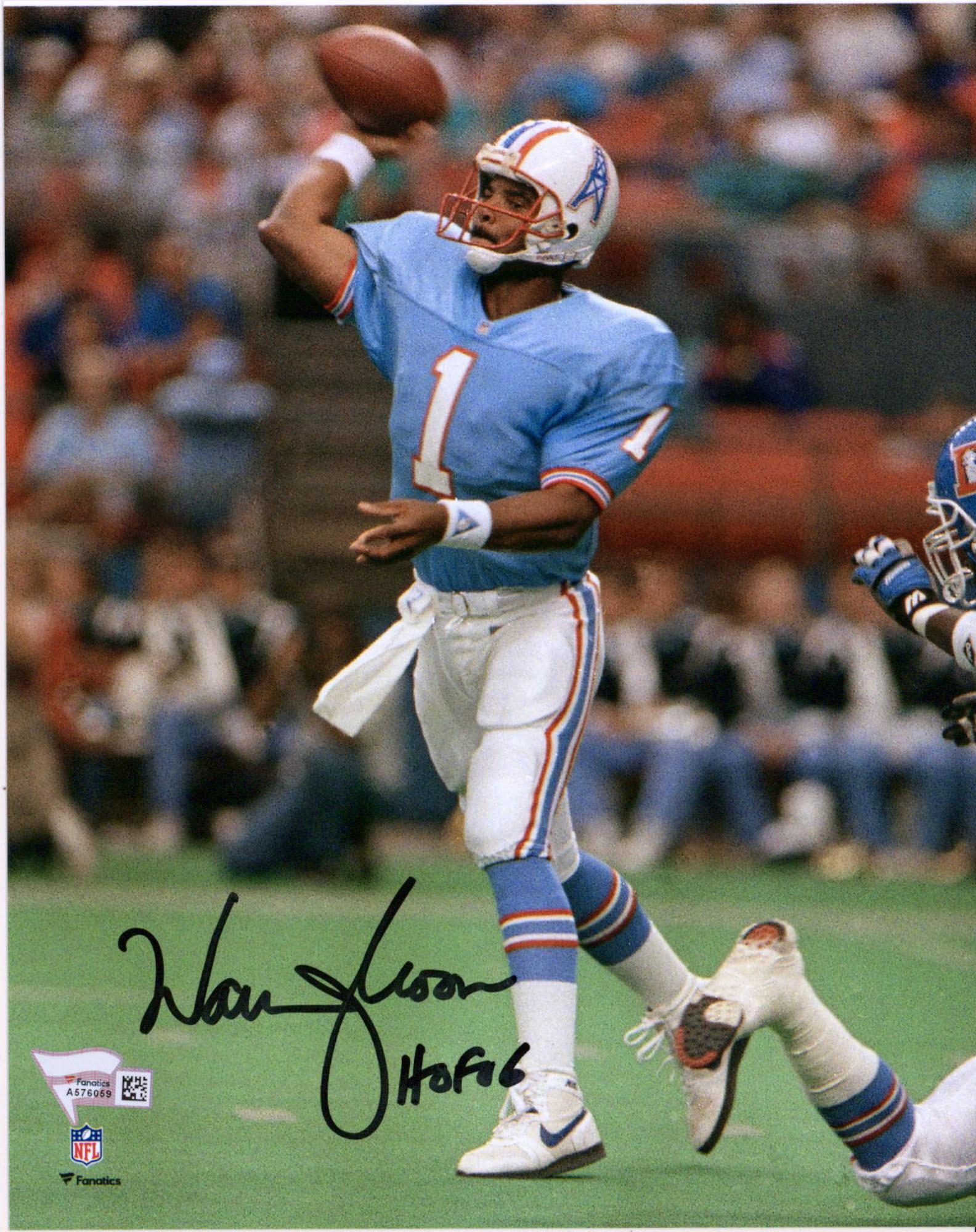 Warren Moon Houston Oilers Autographed 8" x 10" Blue Throwing Photograph with "HOF 06" Inscription - Fanatics Authentic Certified