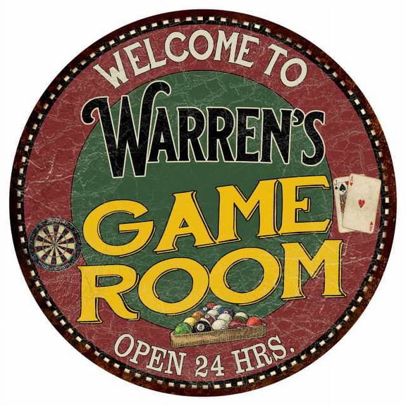 Warren's Game Room 14" Round Metal Sign Bar Kitchen Red Wall Decor 100140032362