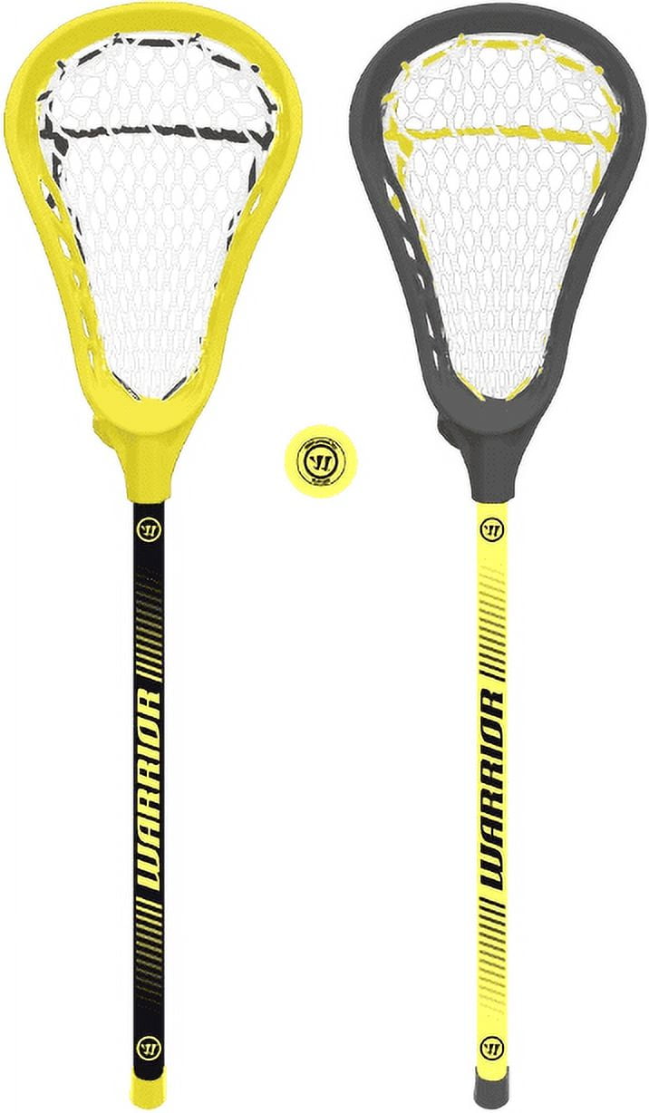 Warrior 30" Lacrosse Player Sticks & Ball Set  Black & Yellow Plastic Sticks 1 PlaySafe Rubber Ball