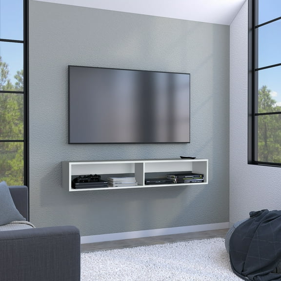 Warrior 59" Floating TV Stand with Open Shelves, Media Compartments & Cable Management White