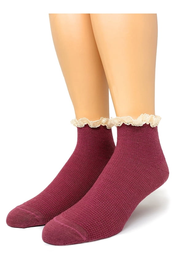 Warrior Alpaca - Waffle Knit, Lace Trimmed Alpaca Socks (Brandywine/Ecru, Small)