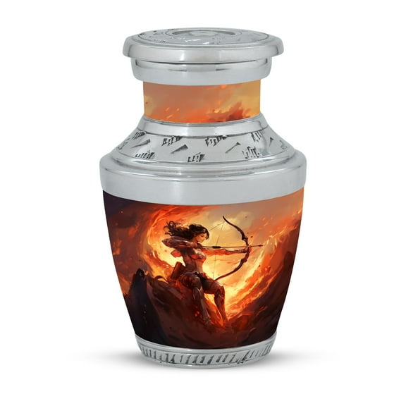 Warrior Archer in Fiery Landscape Small Keepsake Urn for Adult Female - Timeless Mini Cremation Memorial Funeral Urns For Human Ashes - Memorial Urns 3 Inch, 1 Pc
