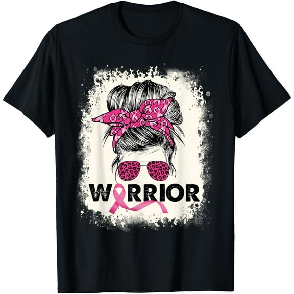 Warrior Breast Cancer Awareness Pink Ribbon Messy Bun T-Shirt