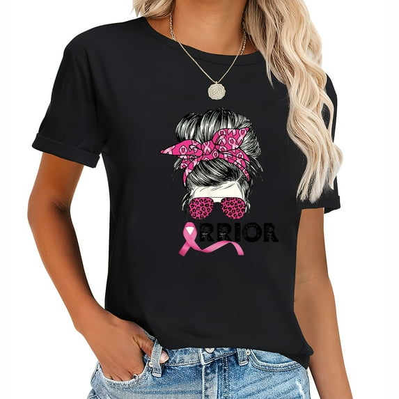 Warrior Breast Cancer Awareness Pink Ribbon Messy Bun T-Shirt