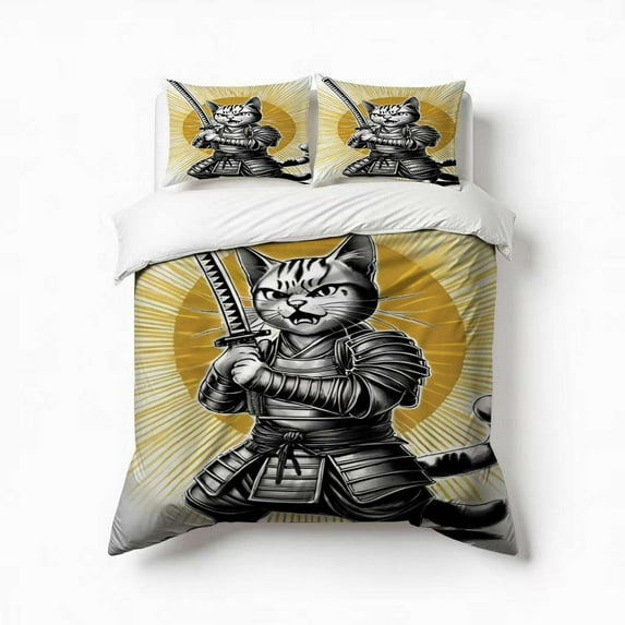 Warrior Cat Sword Art Bedding Set 3 Pcs Soft Microfiber Quilt Cover For Bedroom Decor, Comforter Cover With 2 Pillowcase