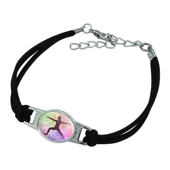 Warrior II 2 Yoga Pose Novelty Suede Leather Metal Bracelet