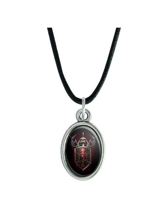 Warrior Knight Tank Dragon Shield Fantasy Gaming Antiqued Oval Charm Pendant with Black Satin Cord