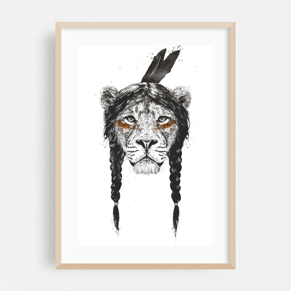 Warrior Lion - Illustration Animal Tiger Wildlife Line Art Boho Oak Framed Wall Art Print 5 x 7 inches