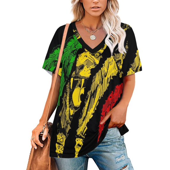Warrior Lion Of Judah King Rasta Reggae Jamaica Roots Print O-Neck Off-The-Shoulder Top Short-Sleeved T-Shirt Ladies Streetwear