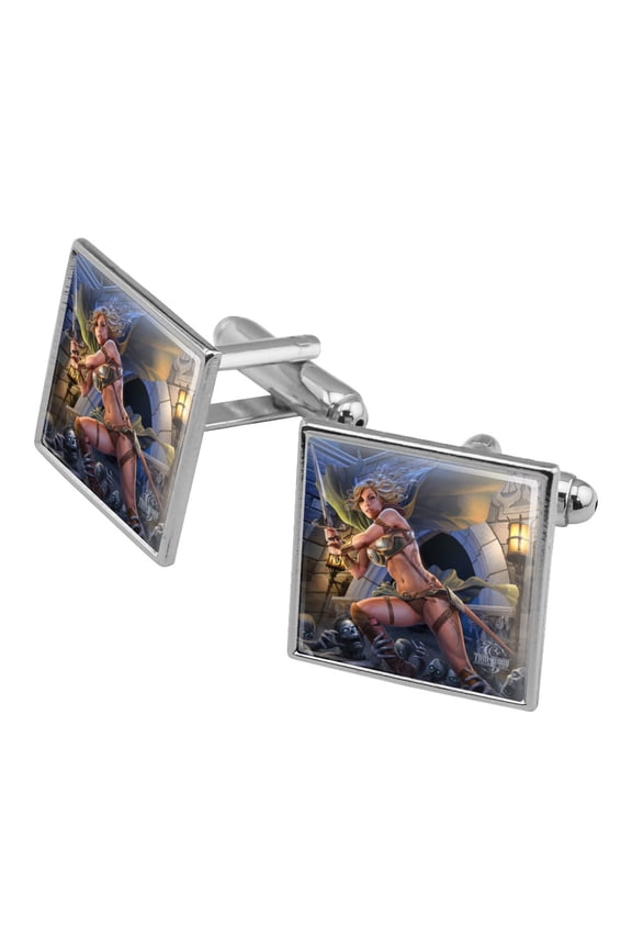 Warrior Maiden Zombie Undead Slayer Fantasy Square Cufflink Set - Silver or Gold