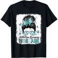 thumbnail image 1 of Warrior Messy Bun Teal Ribbon Addiction Recovery T-Shirt, 1 of 4
