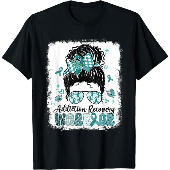Warrior Messy Bun Teal Ribbon Addiction Recovery T-Shirt