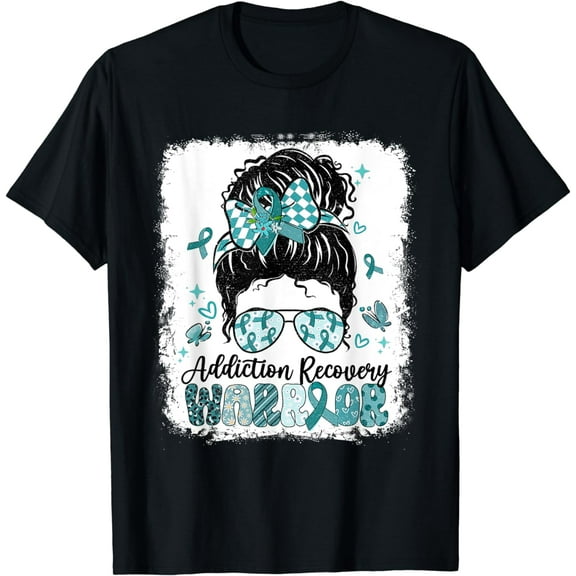 Warrior Messy Bun Teal Ribbon Addiction Recovery T-Shirt