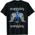 thumbnail image 1 of Warrior Not Worrier Angel Survivor Blue Ribbon Colon Cancer T-Shirt, 1 of 4