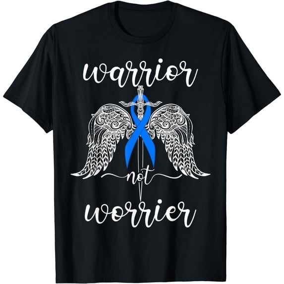 Warrior Not Worrier Angel Survivor Blue Ribbon Colon Cancer T-Shirt