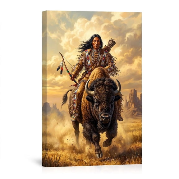 Warrior On Bison Tribal Plains Hunter With Bow For Living Room Bedroom Southwestern USA Made Canvas
