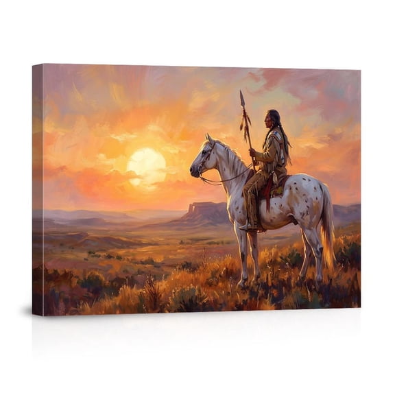 Warrior On Horse At Sunset Western Frontier Heritage For Living Room Cabin Study Canvas
