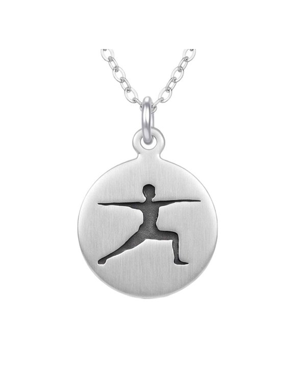 Warrior Pose Man Engraved Pendant Necklace, Sterling Silver Plated Brass Round Jewelry with 18 Inch Cable Chain, 28mm Deep Engraved Design Pendant for Men & Women