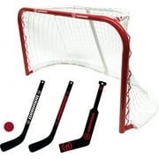 Warrior Pro Mini Metal Hockey Goal Combo Set - 30" Net, 2 Mini Player, 1 Mini Goalie Stick and Ball