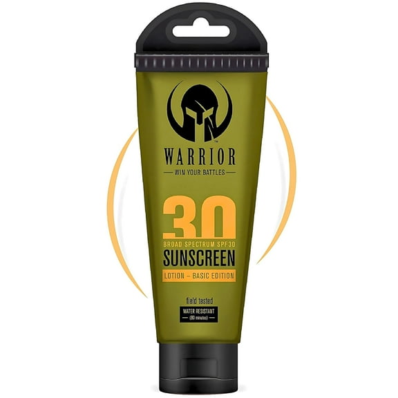Warrior Sunscreen SPF 30 Lotion - Water & Sweat Resistant Body Lotion with SPF - TSA Compliant, Non-Mineral Formula, Camo Presentation, Biodegradable, Broad Spectrum Sunscreen SPF30 - (3 Oz)