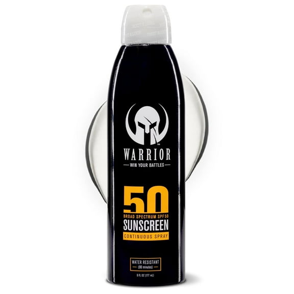 Warrior Sunscreen SPF 50 Continuous Spray - Water & Sweat Resistant Sunscreen Spray - Broad Spectrum Protection for UVA/UVB - Quick Dry Effective Formula, Field Tested  6 Oz