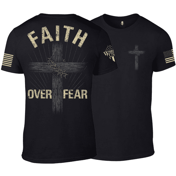 Warrior USA Faith Over Fear T-Shirt, Patriotic Cross Design, Cotton-Polyester Blend, Black (US, Alpha, 4X-Large, Regular, Regular, Black)