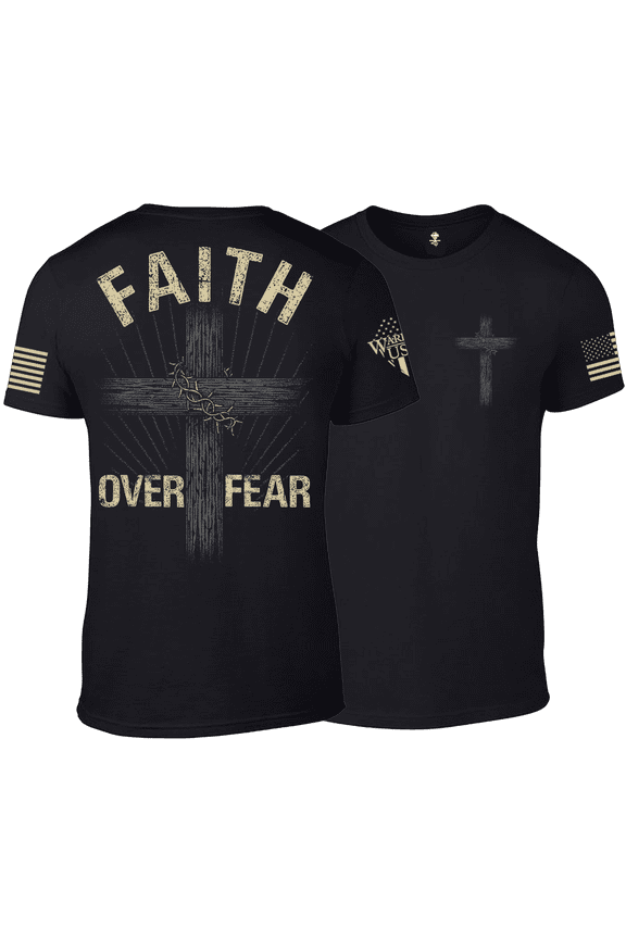 Faith Over Fear T-Shirt, Patriotic Cross Design, Cotton-Polyester Blend, Black (US, Alpha, 4X-Large, Regular, Regular, Black)
