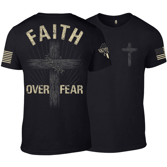 Warrior USA Faith Over Fear T-Shirt, Patriotic Cross Design, Cotton-Polyester Blend, Black (US, Alpha, Large, Regular, Regular, Black)
