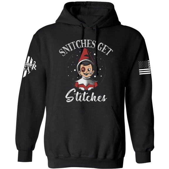 Warrior USA | Snitches Get Stitches Hoodie – Black, Cotton Blend, Screen Printed in The USA, American Made, Regular Fit, XX-Large