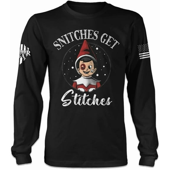 Warrior USA | Snitches Get Stitches Long Sleeve – Black, Cotton Blend, Screen Printed in The USA, American Made, Regular Fit, 3X-Large