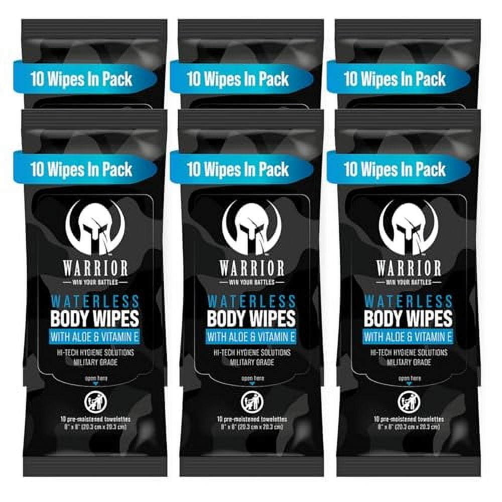 Warrior Waterless Body Wipes - Rinse-Free & Hypoallergenic Cleaning Wipes Enriched with Aloe, Calendula & Vitamin E - Alcohol-Free Unscented Wipes For Sensitive Skin & Bedridden Patients - 6 Pack