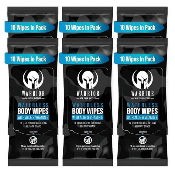 Warrior Waterless Body Wipes - Rinse-Free & Hypoallergenic Cleaning Wipes Enriched with Aloe, Calendula & Vitamin E - Alcohol-Free Unscented Wipes For Sensitive Skin & Bedridden Patients - 6 Pack