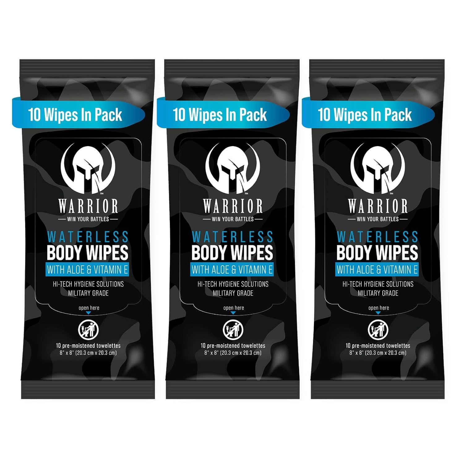 Warrior Waterless Body Wipes - Rinse-Free & Hypoallergenic Cleaning Wipes Enriched with Aloe, Calendula & Vitamin E - Alcohol-Free Unscented Wipes For Sensitive Skin & Bedridden Patients - 3 Pack