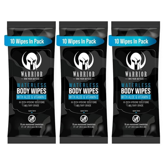 Warrior Waterless Body Wipes - Rinse-Free & Hypoallergenic Cleaning Wipes Enriched with Aloe, Calendula & Vitamin E - Alcohol-Free Unscented Wipes For Sensitive Skin & Bedridden Patients - 3 Pack