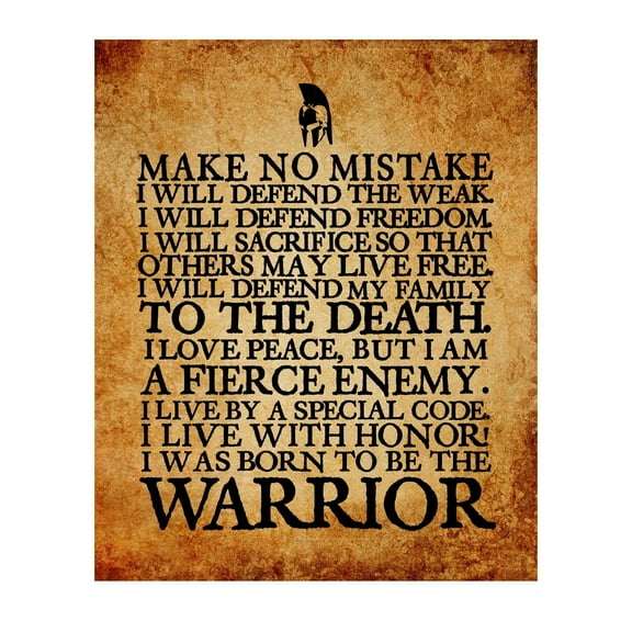 Warrior's Code-Motivational Quotes Wall Art, A Fierce Inspirational Wall Art Print w/Replica Distressed Parchment Design, For Modern Office Decor, Gym & Home Wall Decor