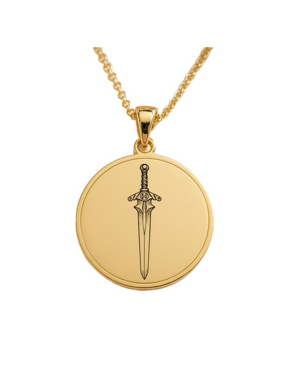 Warriors Honor Engraved Pendant Necklace, Gold Plated Brass Round Jewelry with 18 Inch Cable Chain, 28mm Engraved Design Pendant for Men & Women