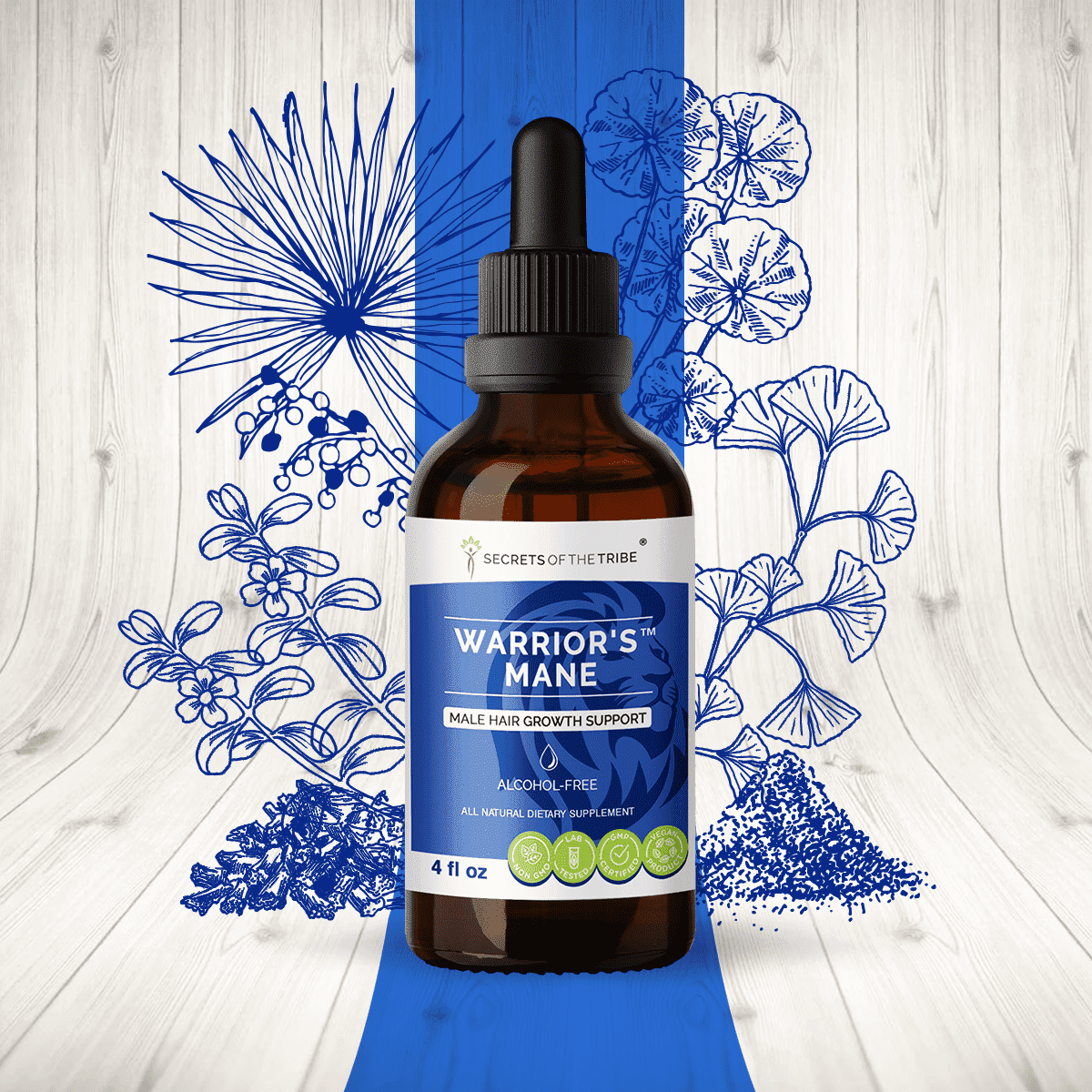 Secrets Of The Tribe Warrior's Mane Blend Tincture Dietary Supplement, Natural Extract, Made from Brahmi, Red Sage, Saw Palmetto, Fo-Ti Root, Gotu Kola, Ginkgo 4 oz