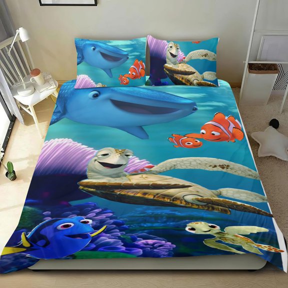 Finding Nemo themed bed sheet set, cotton, three pieces, comfortable and skin-friendly, durable design, gifts for family, friends, fans, 55x79 in (140*200 cm).